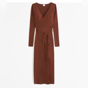Abercrombie Long-Sleeve Wrap Midi Sweater Dress, SM Petite, Brown